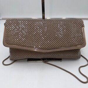Pelle Italia Vintage Mesh Clutch Handbag Taupe Gold Chain Strap Evening Bag